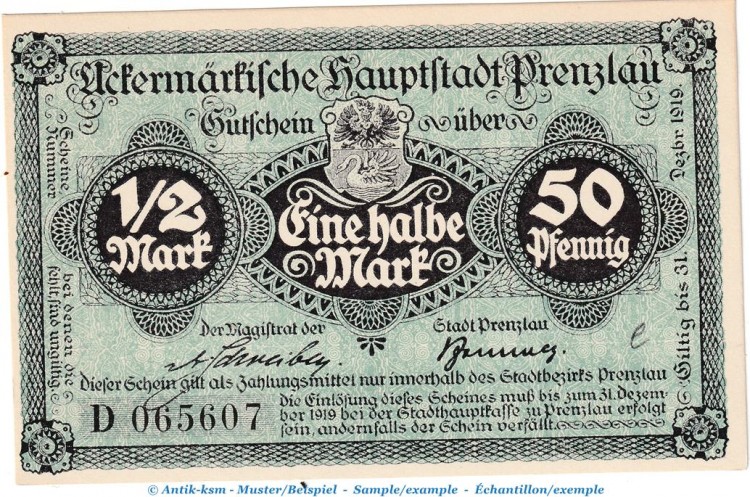 Prenzlau Tieste 5755.10.21 , Notgeld 1 halbe Mark Schein D in kfr. o.D. Brandenburg Verkehrsausgabe