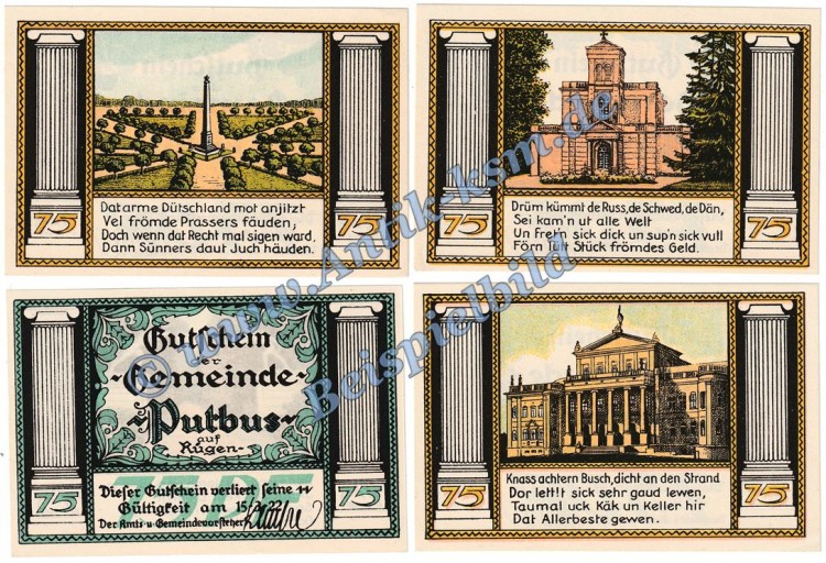 Putbus Rügen , Notgeld Set mit 4 Scheinen in kfr. M-G 1081.1 , Mecklenburg Vorpommern o.D. Seriennotgeld