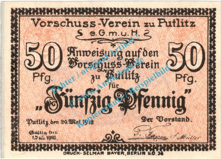 Putlitz , Notgeld 50 Pfennig Schein in kfr. Tieste 5815.10.16 , Brandenburg 1918 Verkehrsausgabe