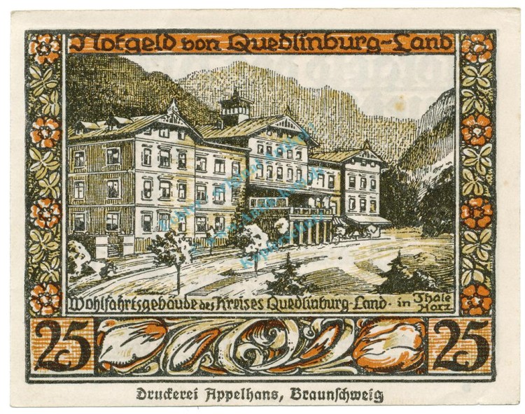 Quedlinburg , Notgeld 25 Pfennig Schein -B- unc-kfr. M-G.1089.1.b , SA o.D. Seriennotgeld -5832-