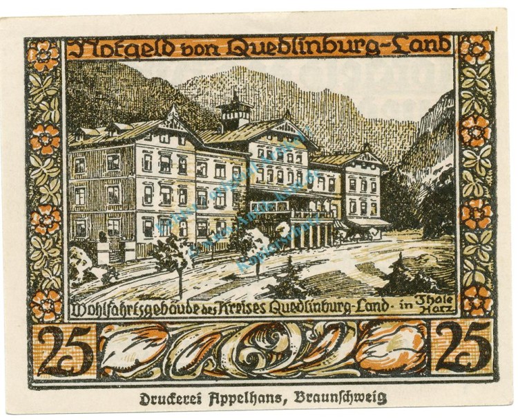 Quedlinburg , Notgeld 25 Pfennig Schein -L- unc-kfr. M-G.1089.1.b , SA o.D. Seriennotgeld -5834-