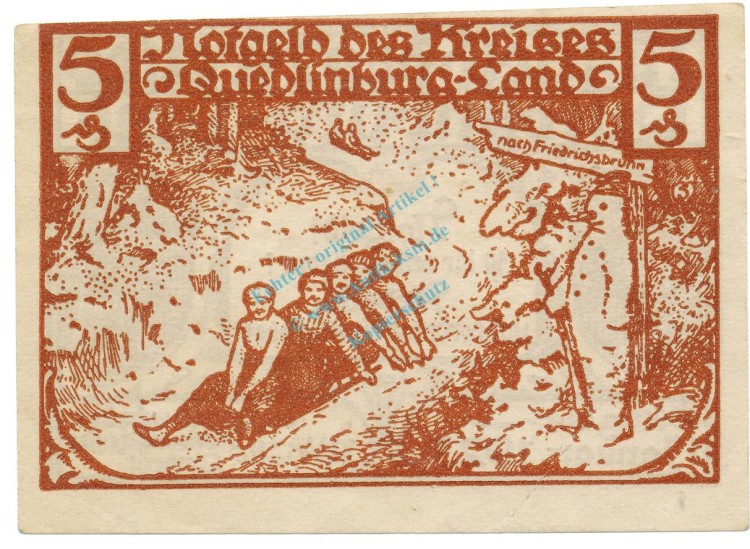 Quedlinburg , Notgeld 5 Pfennig Schein -i- unc-kfr. M-G.1089.1.a , SA o.D. Seriennotgeld -5835-