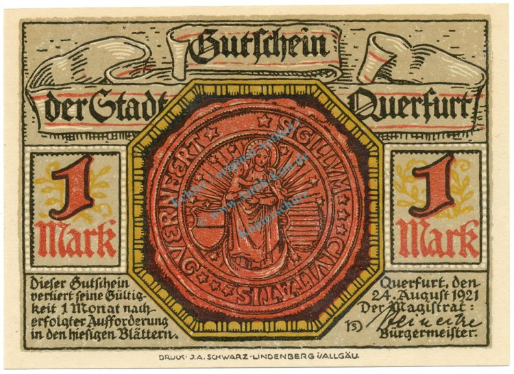 Querfurt , Notgeld 1 Mark -Nr.2- unc-kfr. M-G.1090.1 , SA 1921 Seriennotgeld -5828-