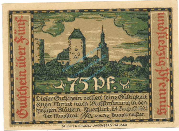Querfurt , Notgeld 75 Pfennig Schein unc-kfr. M-G.1090.1 , SA 1921 Seriennotgeld -5826-
