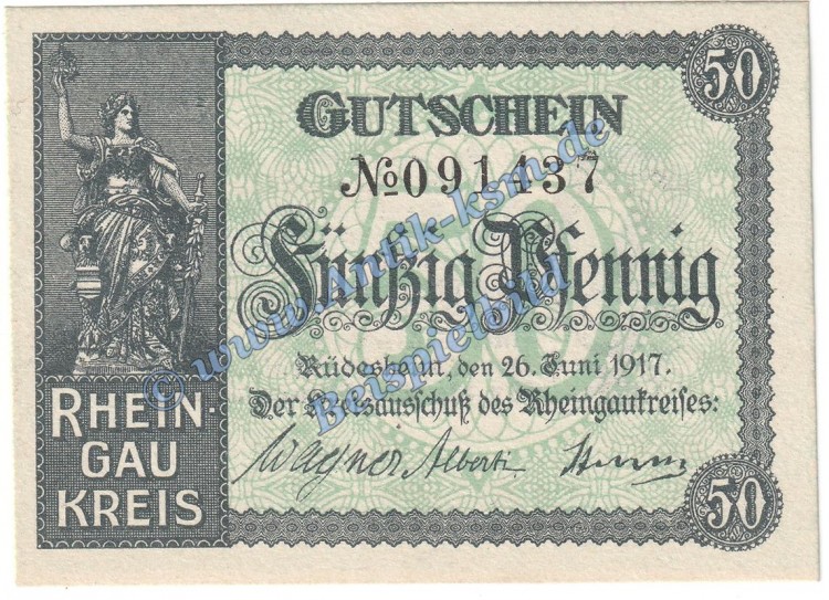 Rüdesheim , Notgeld 50 Pfennig -mit WZ- in kfr. Tieste 6280.05.07 , Hessen 1917 Verkehrsausgabe