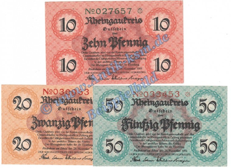 Rüdesheim , Notgeld Set mit 3 Scheinen in kfr. Tieste 6280.05.10-12 , Hessen 1918 Verkehrsausgabe