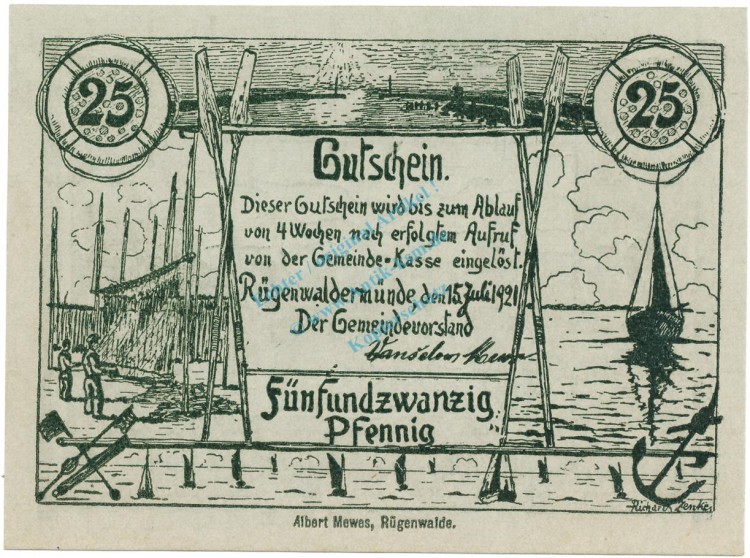 Rügenwaldermünde , Notgeld 25 Pfennig Schein unc-kfr. M-G 1149.1.c , POM 1921 Seriennotgeld -5737-