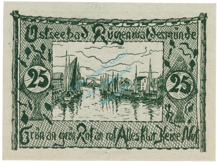 Rügenwaldermünde , Notgeld 25 Pfennig Schein unc-kfr. M-G 1149.1.c , POM 1921 Seriennotgeld -5737-
