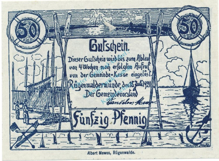 Rügenwaldermünde , Notgeld 50 Pfennig Schein unc-kfr. M-G 1149.1.e , POM 1921 Seriennotgeld -3781-