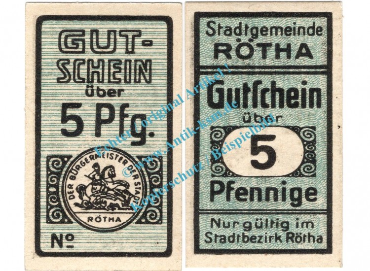 Rötha , Notgeld 5 Pfennig MUSTER-Schein in unc. Tieste 6120.05.05.M , Sachsen o.D. Verkehrsausgabe