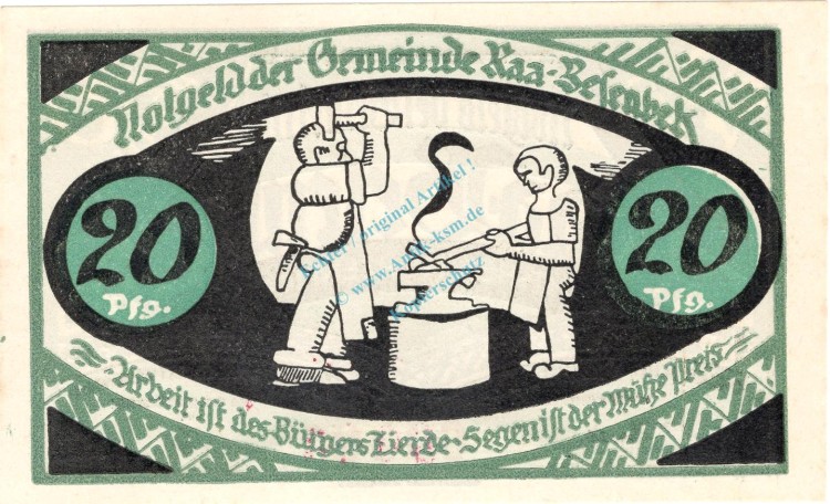 Raa-Besenbeck , Notgeld 20 Pfennig Schein unc-kfr. M-G 1092.1.a , Schleswig 1921 Seriennotgeld