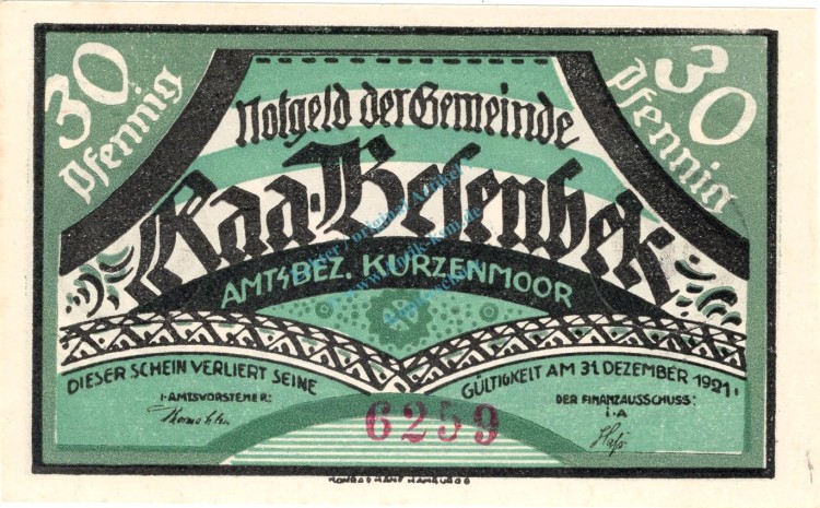 Raa-Besenbeck , Notgeld 30 Pfennig Schein unc-kfr. M-G 1092.1.a , Schleswig 1921 Seriennotgeld