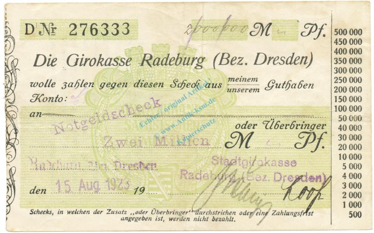 Radeburg , Banknote 2 Millionen Mark Scheck gbr. Keller 4414.k , Sachsen 1923 Inflation