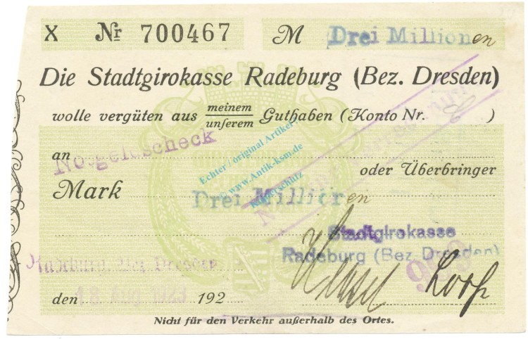 Radeburg , Banknote 3 Million Mark Scheck unc-kfr. Keller 4414.p , Sachsen 1923 Inflation