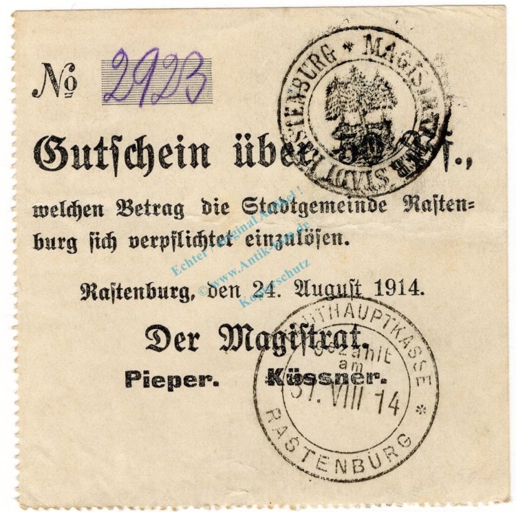 Rastenburg , Notgeld 50 Pfennig Schein in L-Gbr.E Diessner 310.1.e , Ostpreussen 1914 Notgeld 1914-15Rastenburg , Notgeld 50 Pfennig Schein in L-Gbr.E Diessner 310.1.e , Ostpreussen 1914 Notgeld 1914-15