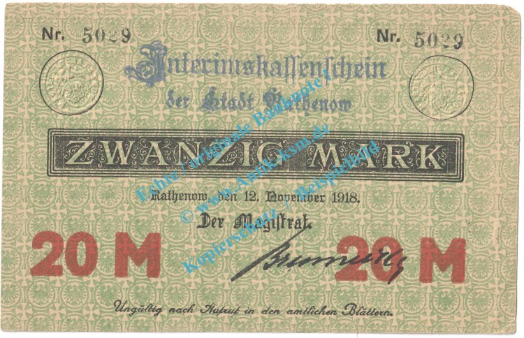 Rathenow , Banknote 20 Mark Schein -1 US- in kfr. Geiger 437.02.e , Brandenburg 1918 Grossnotgeld