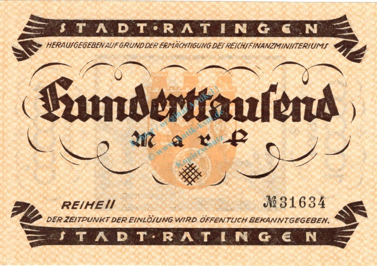 Ratingen , Banknote 100.000 Mark Schein unc-kfr. Keller 4443.a , Rheinland 1923 Inflation