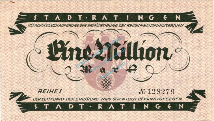 Ratingen , Banknote 1 Million Mark Schein unc-kfr. Keller 4443.a , Rheinland 1923 Inflation