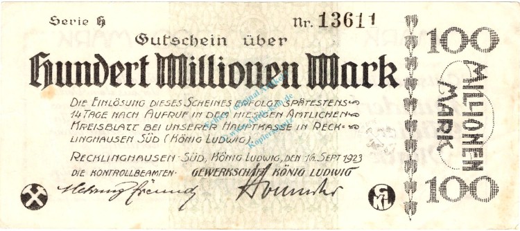 Recklinghausen , Banknote 100 Millionen Mark Schein gbr. Keller 4465.i , Westfalen 1923 Inflation