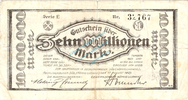 Recklinghausen , Banknote 10 Millionen Mark Schein gbr. Keller 4465.e , Westfalen 1923 Inflation
