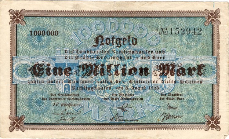 Recklinghausen , Banknote 1 Million Mark Schein gbr. Keller 4460.c-d , Westfalen 1923 Inflation
