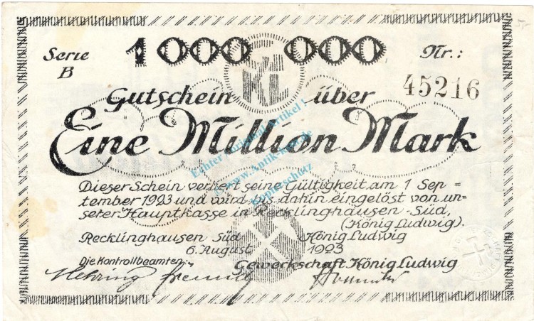 Recklinghausen , Banknote 1 Million Mark Schein gbr. Keller 4465.b , Westfalen 1923 Inflation