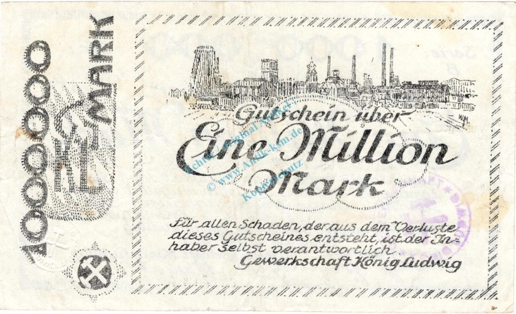 Recklinghausen , Banknote 1 Million Mark Schein gbr. Keller 4465.b , Westfalen 1923 Inflation