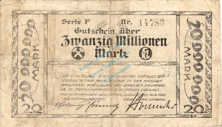 Recklinghausen , Banknote 20 Millionen Mark Schein gbr. Keller 4465.f , Westfalen 1923 Inflation