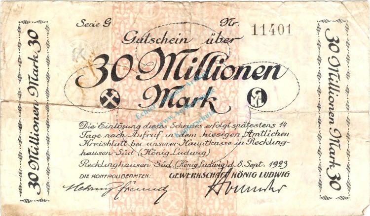 Recklinghausen , Banknote 30 Millionen Mark Schein gbr. Keller 4465.h , Westfalen 1923 Inflation