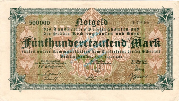 Recklinghausen , Banknote 500.000 Mark Schein gbr. Keller 4460.a-b , Westfalen 1923 Inflation
