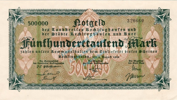 Recklinghausen , Banknote 500.000 Mark Schein unc-kfr. Keller 4460.a , Westfalen 1923 Inflation