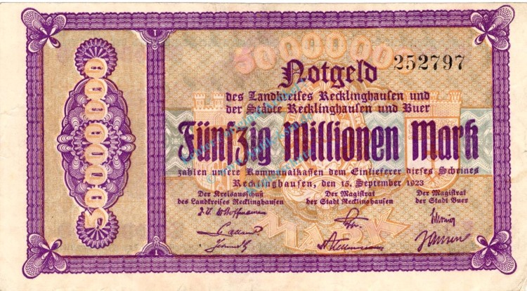 Recklinghausen , Banknote 50 Millionen Mark Schein gbr. Keller 4460.g , Westfalen 1923 Inflation