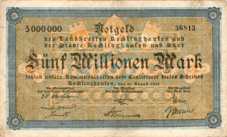 Recklinghausen , Banknote 5 Millionen Mark Schein gbr. Keller 4460.e-f , Westfalen 1923 Inflation