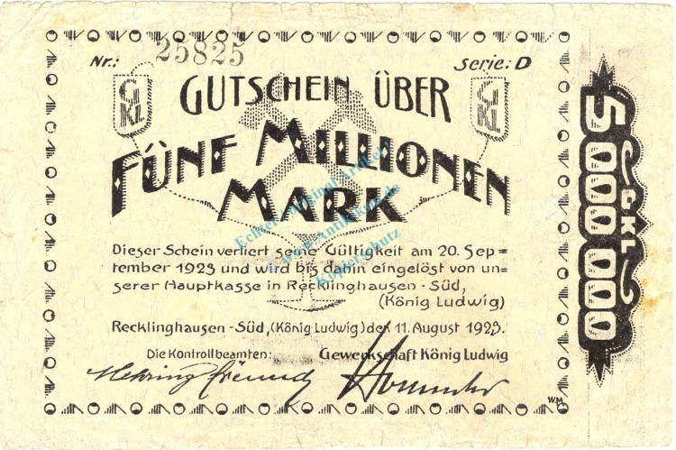 Recklinghausen , Banknote 5 Millionen Mark Schein gbr. Keller 4465.d , Westfalen 1923 Inflation