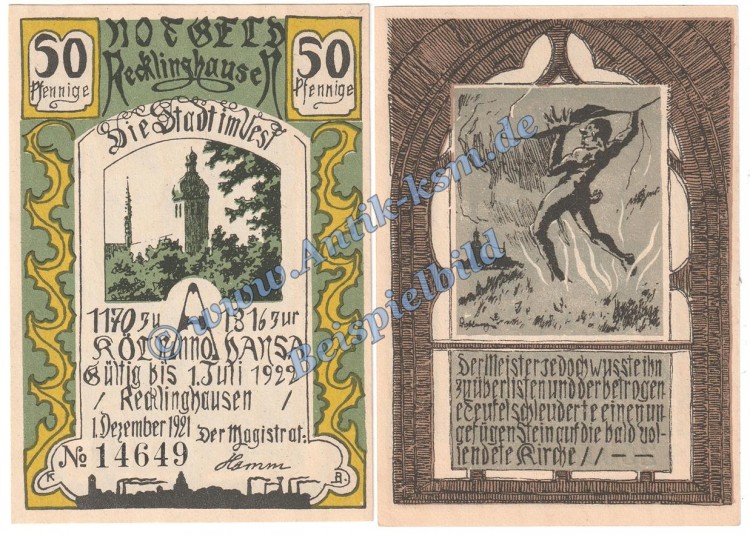 Recklinghausen , Notgeld 50 Pfennig Schein Nr.4 in kfr. M-G 1103.1.a , Westfalen 1921 Seriennotgeld