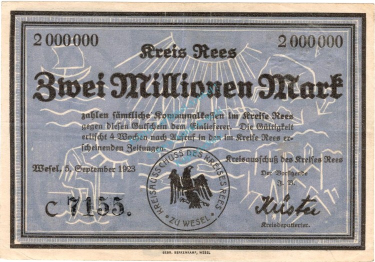 Rees , Banknote 2 Millionen Mark Schein gbr. Keller 4467.a , Rheinland 1923 Inflation