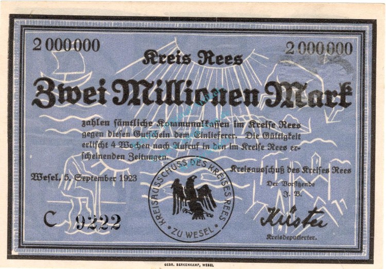 Rees , Banknote 2 Millionen Mark Schein unc-kfr. Keller 4467.a , Rheinland 1923 Inflation