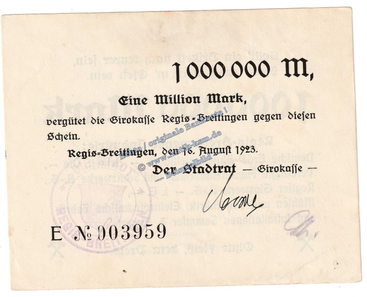 Regis Breitingen , Banknote 1 Million Mark Schein in gbr. Keller 4479.e , Sachsen 1923 Grossnotgeld - Inflation