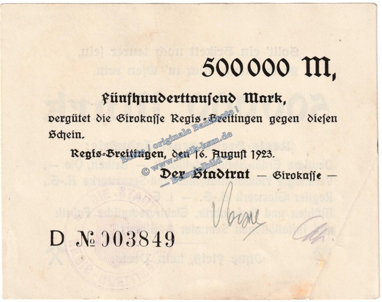 Regis Breitingen , Banknote 500.000 Mark Schein in gbr. Keller 4479.e , Sachsen 1923 Grossnotgeld - Inflation