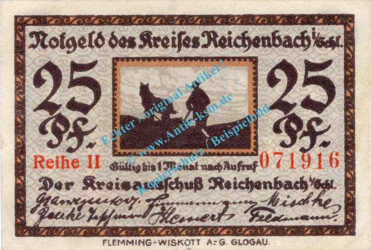 Reichenbach , Notgeld 25 Pfennig Schein in kfr. Tieste 5980.10.15 , Schlesien o.D. Verkehrsausgabe