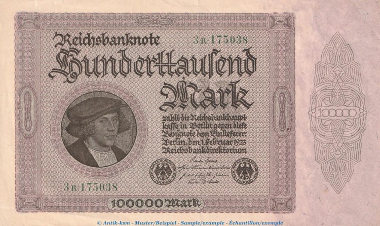 Reichsbanknote , 100.000 Mark Schein in f.kfr. DEU-93.d, Ros.82, P.83 , vom 01.02.1923 , Weimarer Republik - Inflation