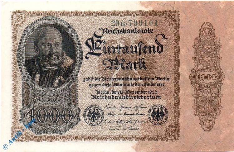 1000 Mark Schein -Bogen WZ- unc-kfr. 1922 DEU-92, Ros.81, P.82 , Weimarer Republik -0251-  Bogen WZ = 2