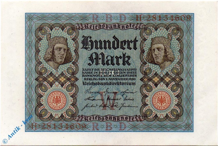 Reichsbanknote , 100 Mark Schein , Kn 8 , DEU-75 b , Rosenberg 67 , P 69 , vom 01.11.1920 , Nachkriegszeit und Inflation