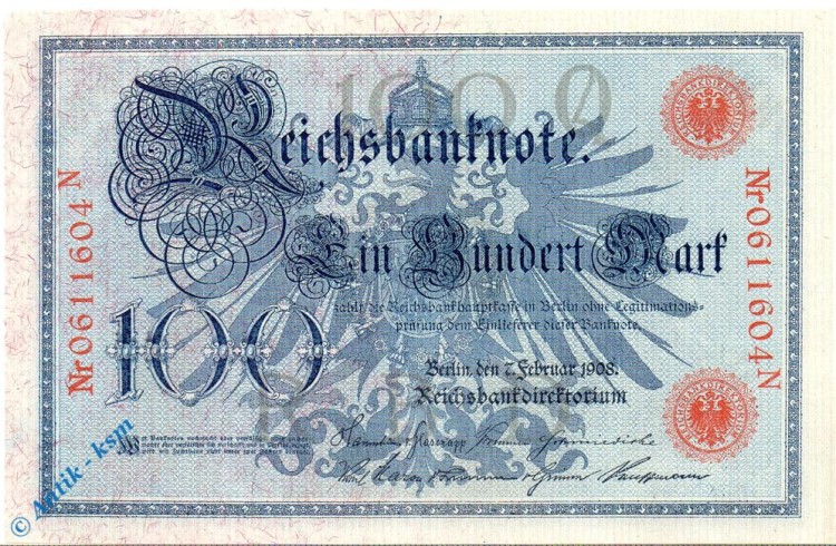 Reichsbanknote , 100 Mark Schein , rote Siegel , DEU-31 b , Rosenberg 33 , P 33 , vom 07.02.1908 , Kaiserreich