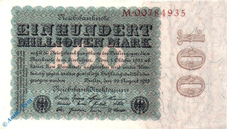 Reichsbanknote , 100 Millionen Mark , Reichsdruck , DEU-119 a , Rosenberg 106 , P 107 , vom 22.08.1923 , Nachkriegszeit und Inflation