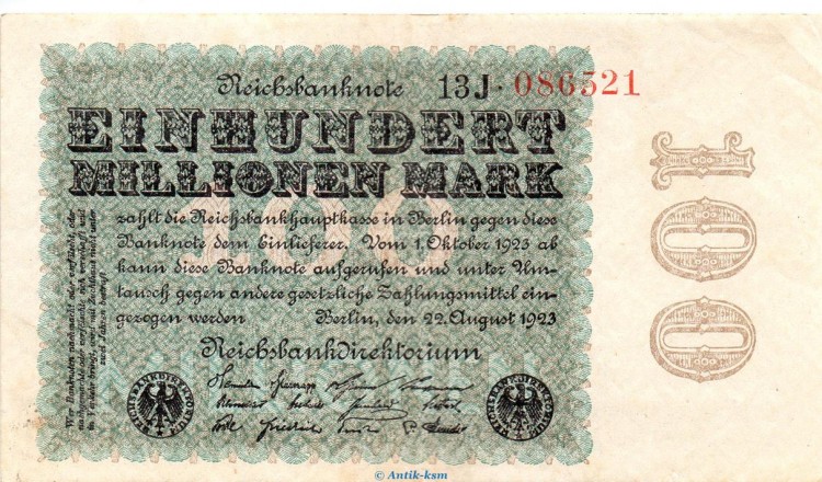 Reichsbanknote , 100 Millionen Mark Schein in gbr. DEU-120.e, Ros.106, P.107 , vom 22.08.1923 , Weimarer Republik - Inflation