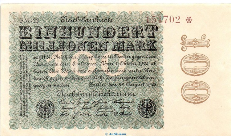 Reichsbanknote , 100 Millionen Mark Schein in gbr. DEU-120.n, Ros.106, P.107 , vom 22.08.1923 , Weimarer Republik - Inflation