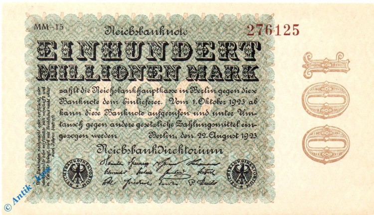 Reichsbanknote , 100 Millionen Mark , Wz Rauten , DEU-120 o , Rosenberg 106 , P 107 , vom 22.08.1923 , Nachkriegszeit und Inflation