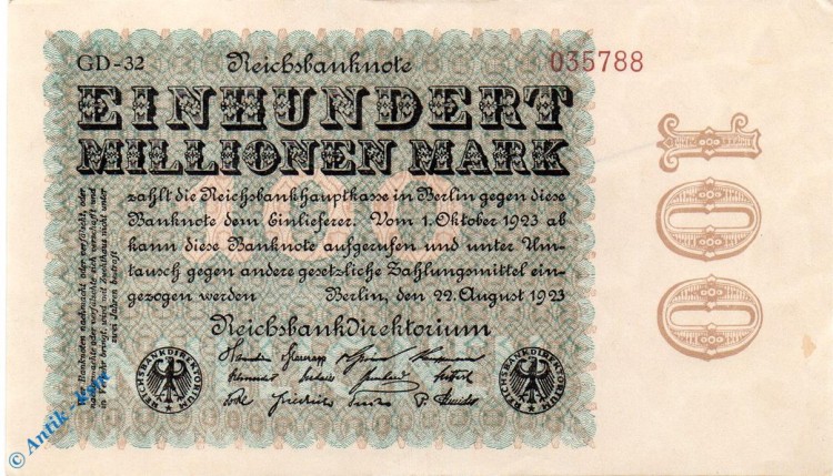 Reichsbanknote , 100 Millionen Mark , Wz Sterne mit S , DEU-120 n , Rosenberg 106 , P 107 , vom 22.08.1923 , Nachkriegszeit und Inflation