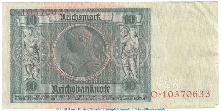 Reichsbanknote , 10 Mark Schein -B 3- in gbr. DEU-183.a, Ros.173, P.180 , vom 22.01.1929 , Weimarer Republik - Reichsbank